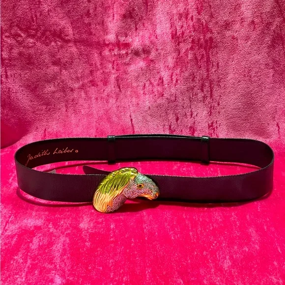 Vintage JUDITH LEIBER Crystal Horse Equine Black leather belt